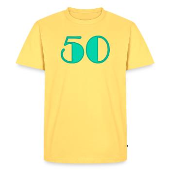 50 YEARS. 50th ANNIVERSARY. BIRTHDAY 50 YEARS. 50 - Men's Premium Organic T-Shirt - sky yellow - Front - AI Model Male 185 dark (185cm)