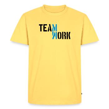 Bleu teamwork ombre miroir Logo Design Crew - T-shirt Premium bio Homme - jaune pastel - Devant - AI Model Male 185 dark (185cm)