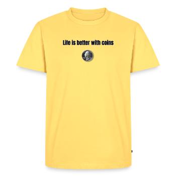 Life is better with Coins - Black - Men's Premium Organic T-Shirt - sky yellow - Front - AI Model Male 185 dark (185cm)