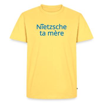Nietzsche ta mère Bleu Clair - T-shirt Premium bio Homme - jaune pastel - Devant - AI Model Male 185 dark (185cm)