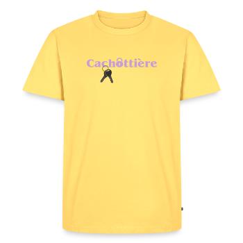 Cachottière Clés et Mystère - T-shirt Premium bio Homme - jaune pastel - Devant - AI Model Male 185 dark (185cm)