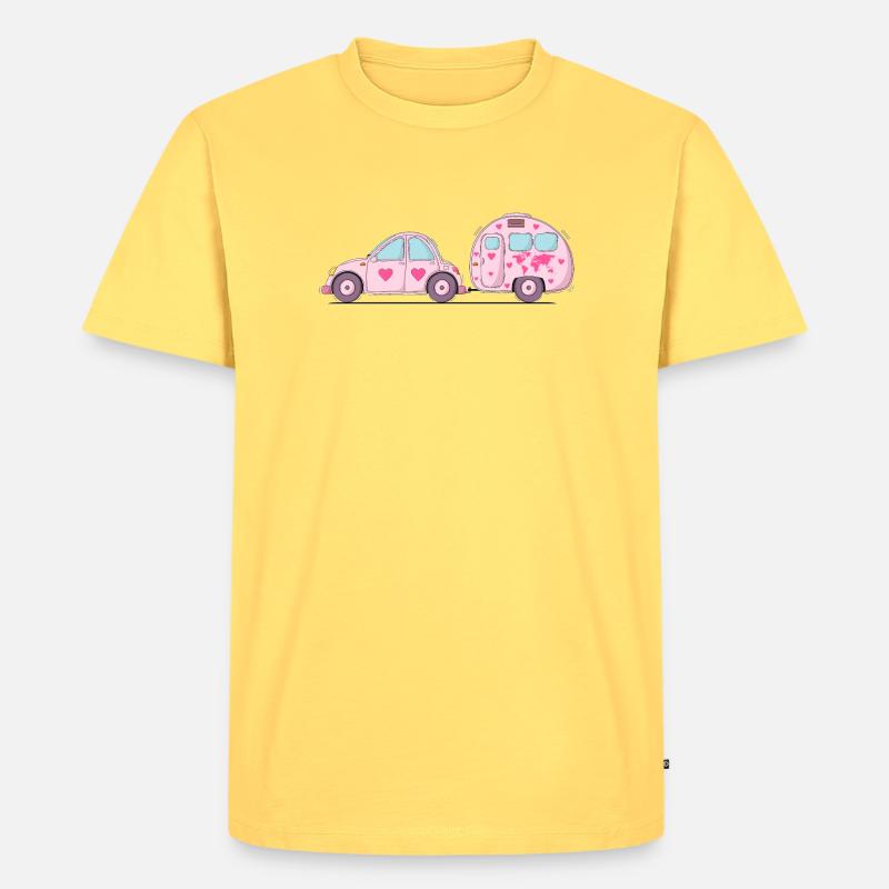 Auto mit Wohnwagen Rosa Herz - Männer Premium Bio T-Shirt - Pastellgelb