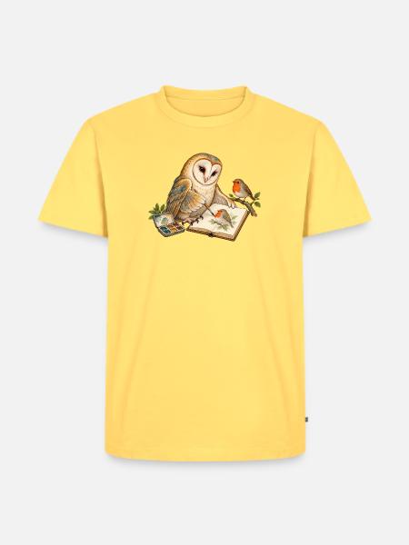 Eule malt ein Rotkehlchen - Männer Premium Bio T-Shirt - Pastellgelb