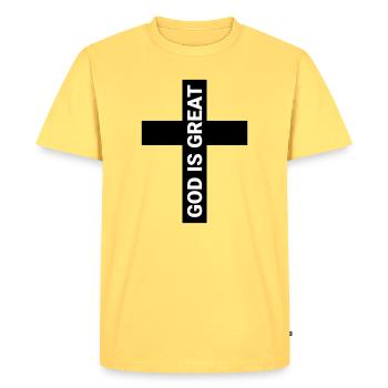 Dieu est grand imprimé minimaliste - T-shirt Premium bio Homme - jaune pastel - Devant - AI Model Male 185 dark (185cm)