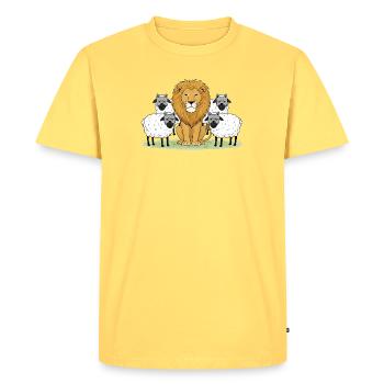 Leo in the center and woolly companions - Men's Premium Organic T-Shirt - sky yellow - Front - AI Model Male 185 dark (185cm)
