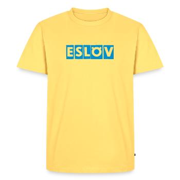Silhouette de la ville d’Eslöv - T-shirt Premium bio Homme - jaune pastel - Devant - AI Model Male 185 dark (185cm)
