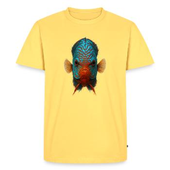 Poisson Discus Bleu et Orange Regard Intense - T-shirt Premium bio Homme - jaune pastel - Devant - AI Model Male 185 dark (185cm)