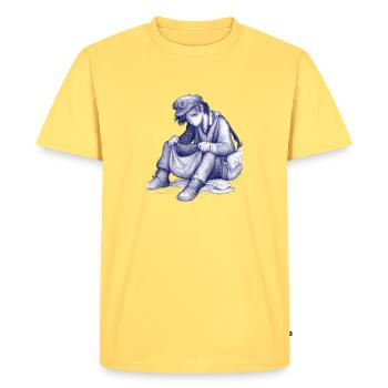 Sad dreamer with bird hat - Men's Premium Organic T-Shirt - sky yellow - Front - AI Model Male 185 dark (185cm)