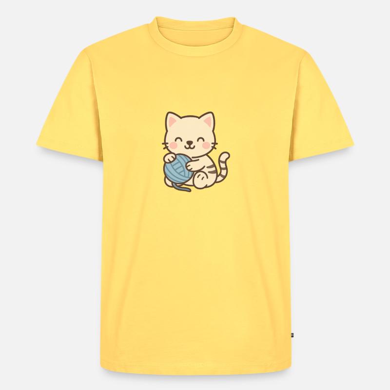 Süßes Kätzchen mit blauem Knäuel - Männer Premium Bio T-Shirt - Pastellgelb
