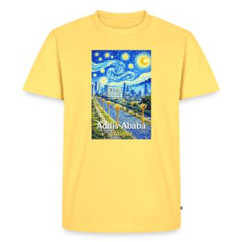 Addis Ababa Night Skyline Art - Men's Premium Organic T-Shirt - sky yellow - Front - AI Model Male 185 dark (185cm)
