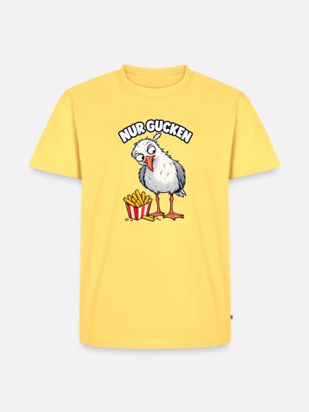 Nur gucken – Möwe mit Pommes - Männer Premium Bio T-Shirt - Pastellgelb