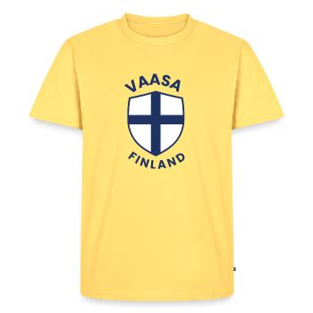 Vaasa Finnish Shield Nordic Crest - Men's Premium Organic T-Shirt - sky yellow - Front - AI Model Male 185 dark (185cm)