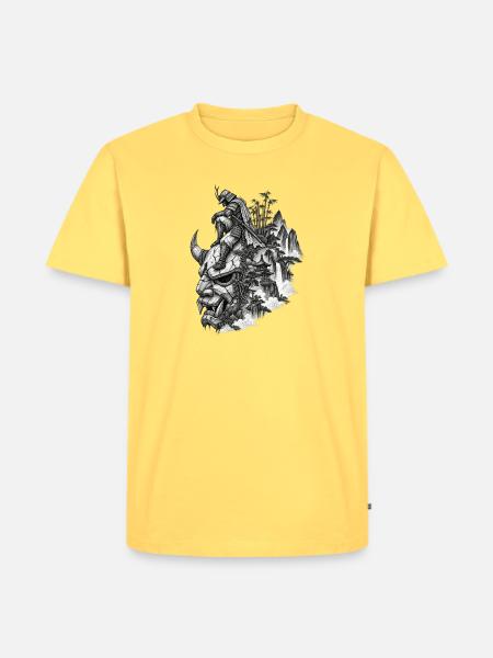 Samuraigeist über Berglandschaft - Männer Premium Bio T-Shirt - Pastellgelb