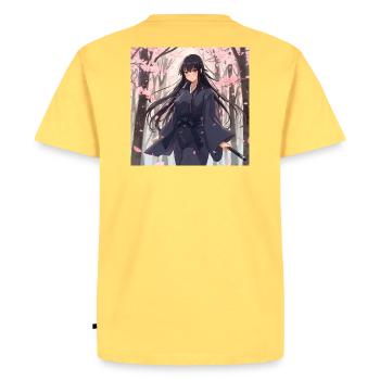 Sakura Samurai in the forest - Men's Premium Organic T-Shirt - sky yellow - Back - AI Model Male 185 dark (185cm)