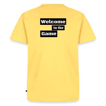 WELCOME TO THE GAME – Minimal Gamer Statement - Men's Premium Organic T-Shirt - sky yellow - Back - AI Model Male 185 dark (185cm)