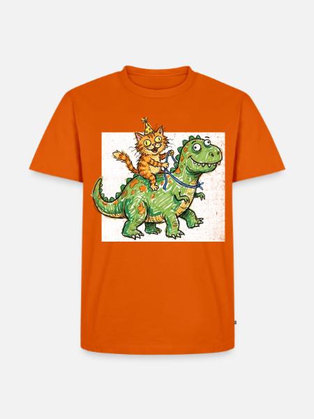 Katze reitet Dinosaurier - Männer Premium Bio T-Shirt - Orange