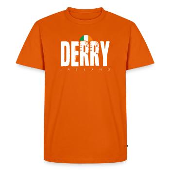 Derry Ireland Distressed Wordmark - Men's Premium Organic T-Shirt - orange  - Front - Nico (187cm)