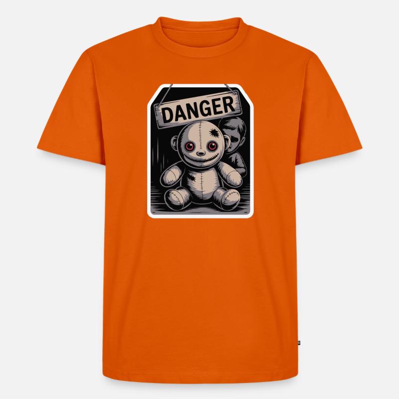 Unheimliche Puppe mit Gefahrenschild - Männer Premium Bio T-Shirt - Orange