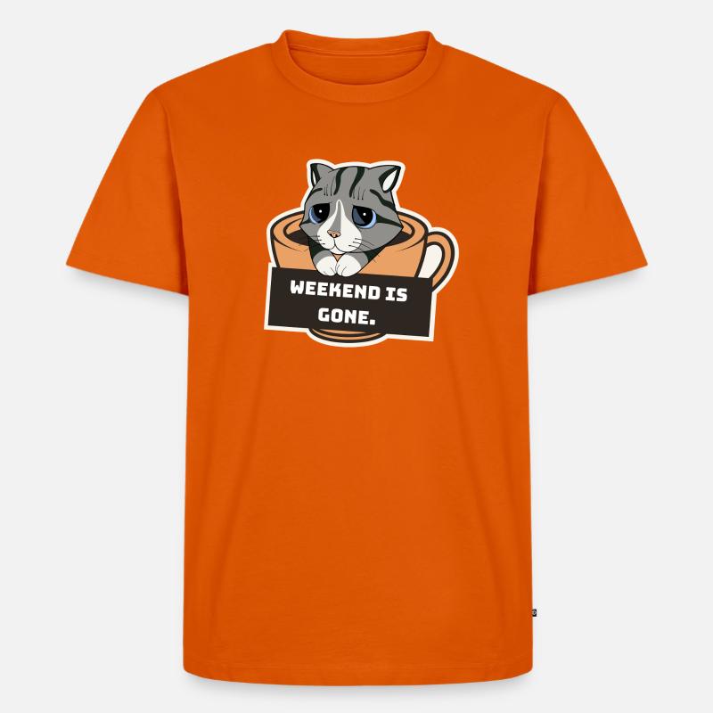 Trauriges Kätzchen mit Kaffeetasse und Wochenendschild - Männer Premium Bio T-Shirt - Orange 