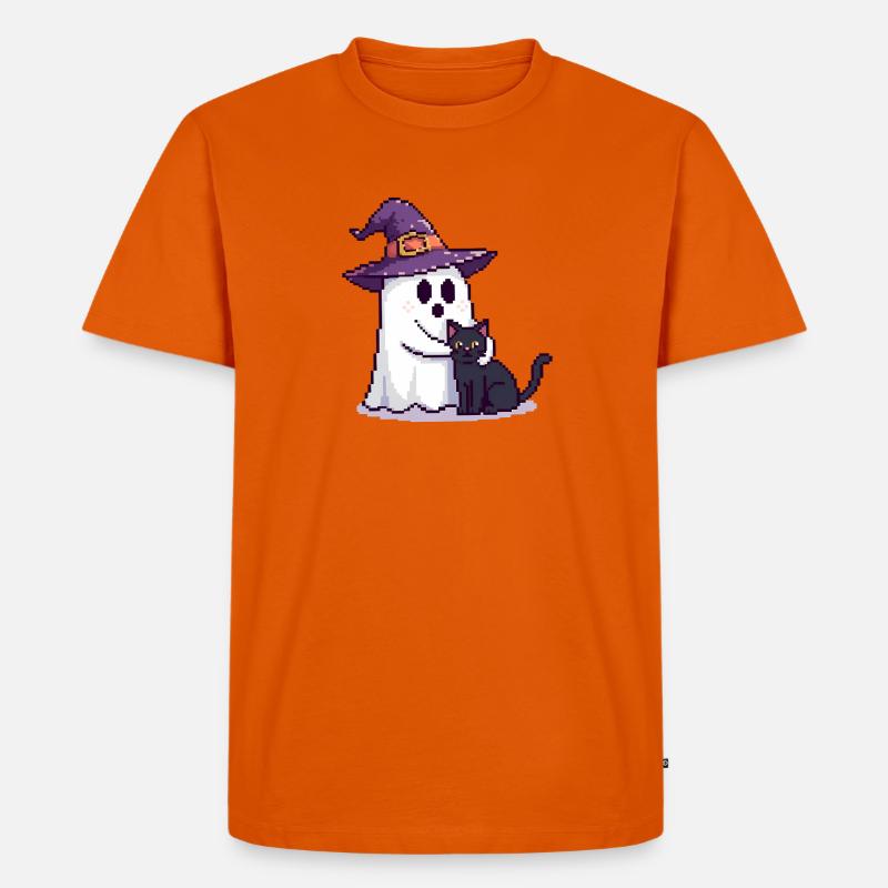 Pixel Geist mit Hexenhut & Katze – Halloween - Männer Premium Bio T-Shirt - Orange 