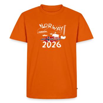 Norvège 2025 Hareng avec montagnes et pêche à l’orignal - T-shirt Premium bio Homme - orange  - Devant - Nico (187cm)