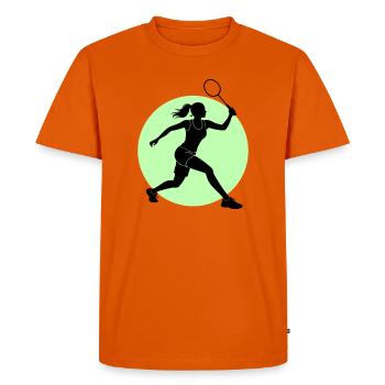Coup droit d’un joueur de badminton - T-shirt Premium bio Homme - orange  - Devant - Nico (187cm)
