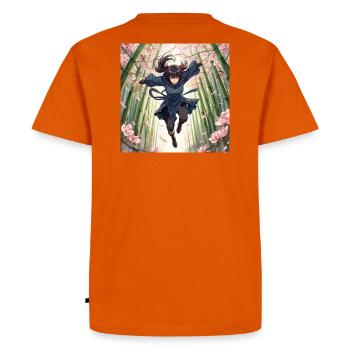 Héroïne de bambou sur le chemin des cerisiers en fleurs - T-shirt Premium bio Homme - orange  - Dos - Nico (187cm)