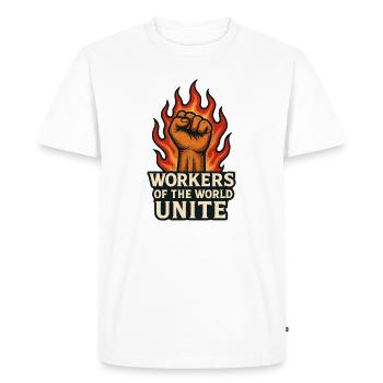 Fists and flames – Arbeiterwelt Unite - Men's Premium Organic T-Shirt - white - Front - Nico (187cm)
