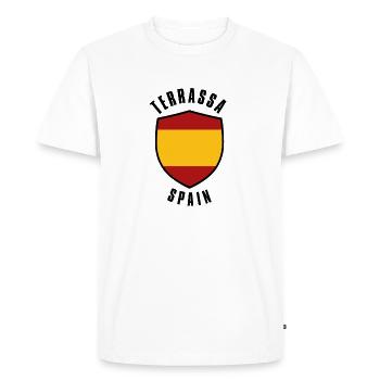 Termassa Spain Shield emblem in flag colour - Men's Premium Organic T-Shirt - white - Front - Nico (187cm)