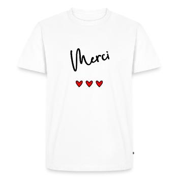 MERCI. THANKS. THANK YOU. ANNIVERSAIRE. NAISSANCE. - T-shirt Premium bio Homme - blanc - Devant - Nico (187cm)