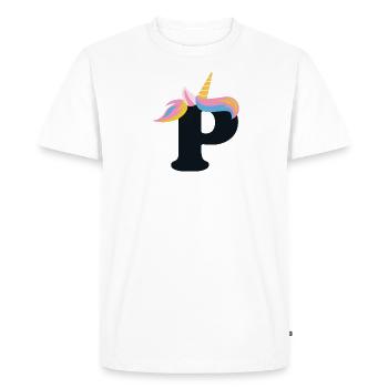 Licorne lettre arc-en-ciel Style « P » | Être unique - T-shirt Premium bio Homme - blanc - Devant - Nico (187cm)