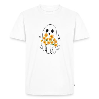 Fantôme d’Halloween, fantôme mignon avec des fleurs d’automne - T-shirt Premium bio Homme - blanc - Devant - Nico (187cm)