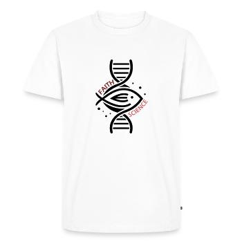 Science & Faith - DNA & Fish. - Men's Premium Organic T-Shirt - white - Front - Nico (187cm)