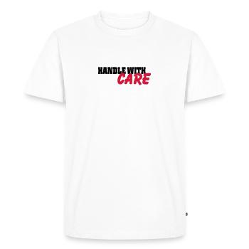 Handle with Care - Men's Premium Organic T-Shirt - white - Front - Nico (187cm)
