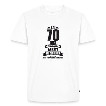 anniversaire 70 ans j'ai pas arrete les conneries - T-shirt Premium bio Homme - blanc - Devant - Nico (187cm)