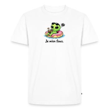 Je m’en fous – Alien détendu et humour décalé - T-shirt Premium bio Homme - blanc - Devant - Nico (187cm)