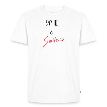 Dites bonjour et souriez! - T-shirt Premium bio Homme - blanc - Devant - Nico (187cm)