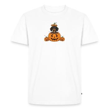 Dachshund in Pumpkin | Cute Dogs Halloween Fun - Men's Premium Organic T-Shirt - white - Front - Nico (187cm)