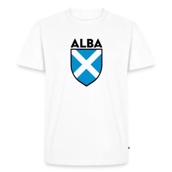 Alba Saltire Flag Shield (Black Outline) - Men's Premium Organic T-Shirt - white - Front - Nico (187cm)