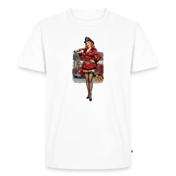 Pompier pin-up en rouge - T-shirt Premium bio Homme - blanc - Devant - Nico (187cm)