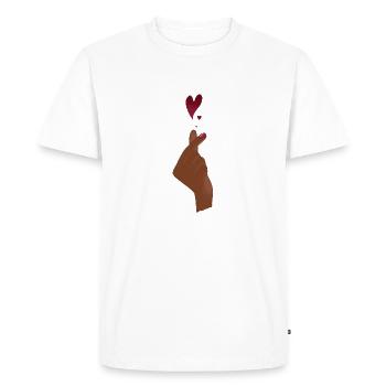 Main noire Doigts coeurs coréen signe de main amour - T-shirt Premium bio Homme - blanc - Devant - Nico (187cm)