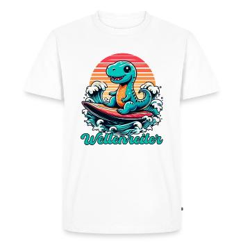 Cute T-Rex Surfer Surfing Gift - Men's Premium Organic T-Shirt - white - Front - Nico (187cm)