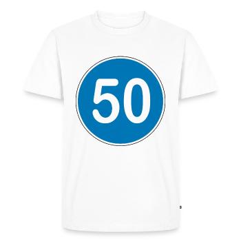 50e anniversaire , 50 ans , Panneau de signalisation bleu - T-shirt Premium bio Homme - blanc - Devant - Nico (187cm)