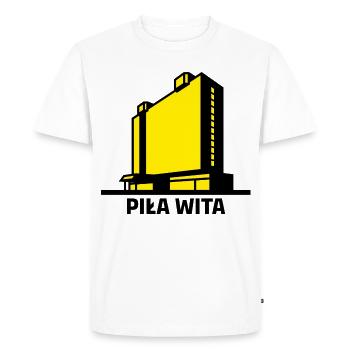 Saw vous souhaite la bienvenue. La ville de Piła et le bâtiment de l’hôtel Gromada - T-shirt Premium bio Homme - blanc - Devant - Nico (187cm)