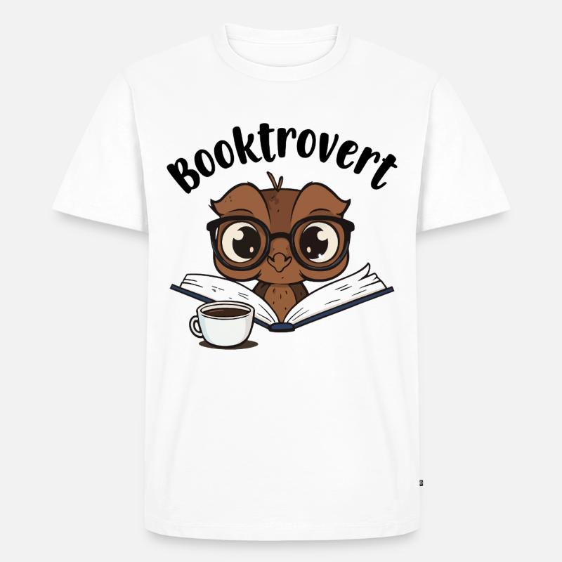 Booktrovert Eule mit Buch und Kaffee - Männer Premium Bio T-Shirt - Weiß