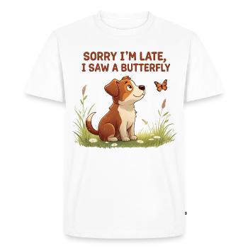 Humorous dog motif with butterfly - Men's Premium Organic T-Shirt - white - Front - Nico (187cm)