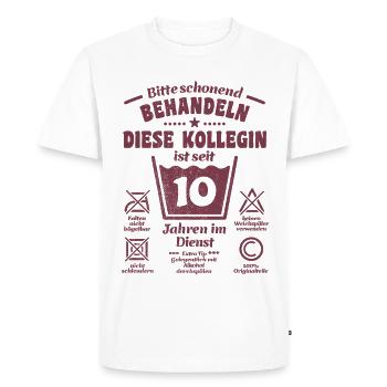 10 ans de service - Traiter avec douceur - Collègue - T-shirt Premium bio Homme - blanc - Devant - Nico (187cm)