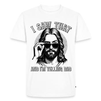 Jésus, j’ai vu ça, je dis à papa, Jésus-Christ - T-shirt Premium bio Homme - blanc - Devant - Nico (187cm)