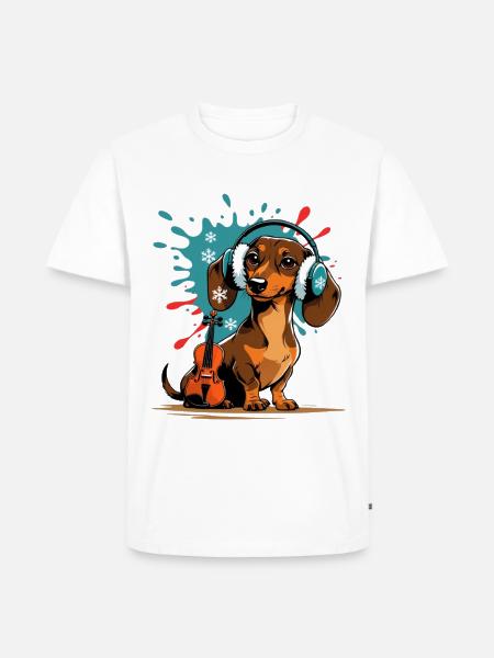 Wintermusik-Dackel mit Kopfhörern - Männer Premium Bio T-Shirt - Weiß