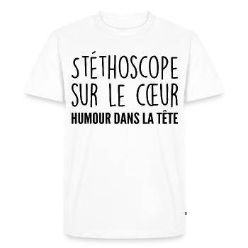 Stéthoscope au cœur, humour dans la tête - T-shirt Premium bio Homme - blanc - Devant - Nico (187cm)